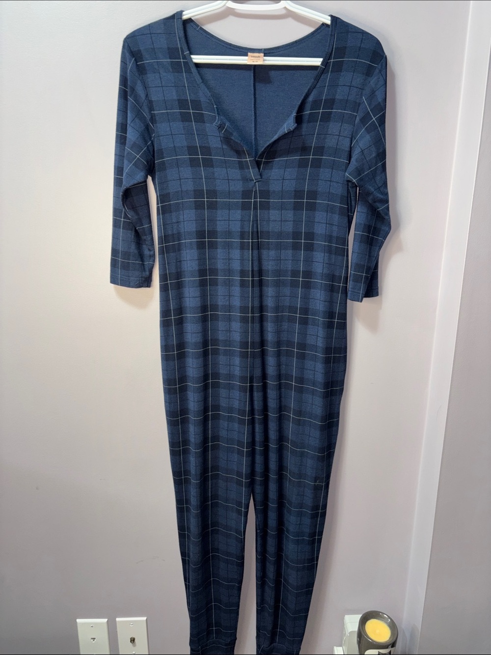 Smash + Tess Present in Plaid Romper Navy Blue Plaid Tartan Pullover Jumpsuit XS